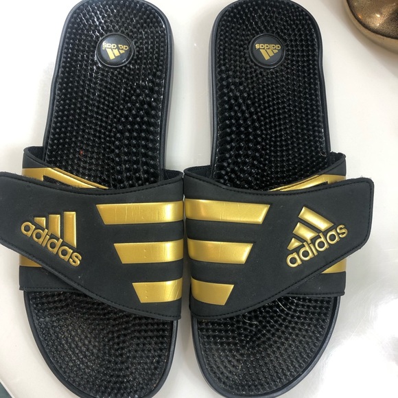 Adidas Men’s Black & Gold Slides Sz 17 - Picture 2 of 4